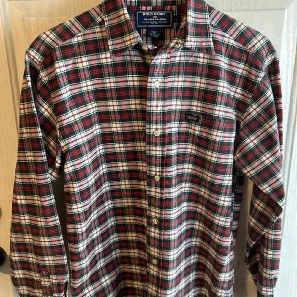Polo Sport Ralph Lauren Mens Red Green White Plaid Checkered Flannel Shirt Large